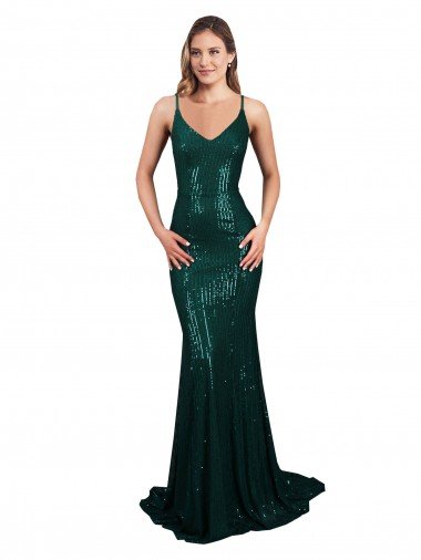 Affordable Fishtail Shaped V-Neck Open Back Long Formal Sequin Bridesmaid Dress / Prom Dress UK