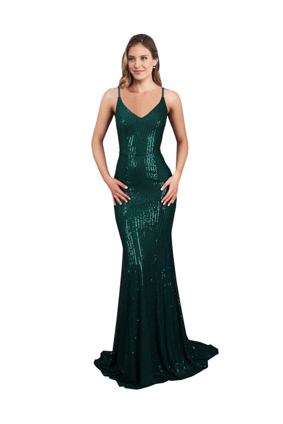 Affordable Fishtail Shaped V-Neck Open Back Long Formal Sequin Bridesmaid Dress / Prom Dress UK