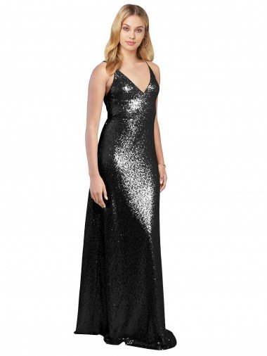 Affordable Full Length A-Line Formal Sequin Bridesmaid Dress / Prom Dress with Spaghetti Straps V-Neckline UK