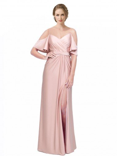 Affordable Draped Cold Shoulder Sleeves Long Formal Silky Satin Bridesmaid Dress / Prom Dress with Slit and Tie Back UK