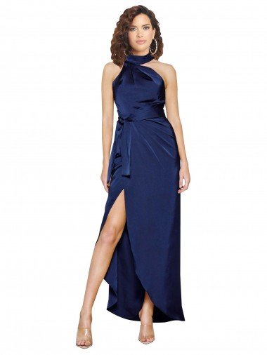 Affordable Full Length High Neck Wrap Formal Silky Satin Bridesmaid Dress / Prom Dress with Waist Tie UK