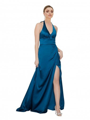 Affordable Halter Neck Formal Silky Satin Bridesmaid Dress / Prom Dress UK