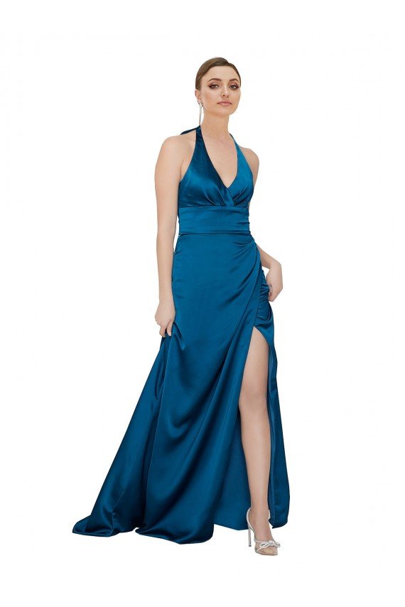 Affordable Halter Neck Formal Silky Satin Bridesmaid Dress / Prom Dress UK