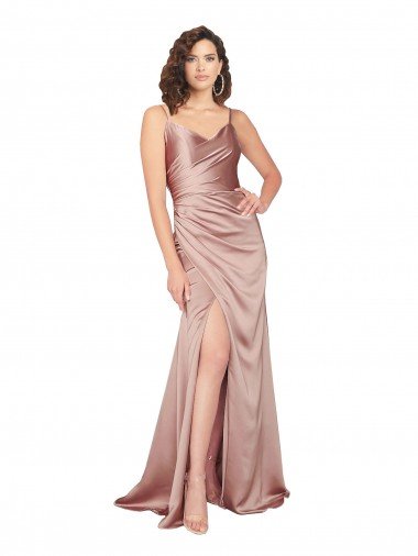 Affordable Floor Length Formal Silky Satin Bridesmaid Dress / Prom Dress with Front Skirt Slit UK