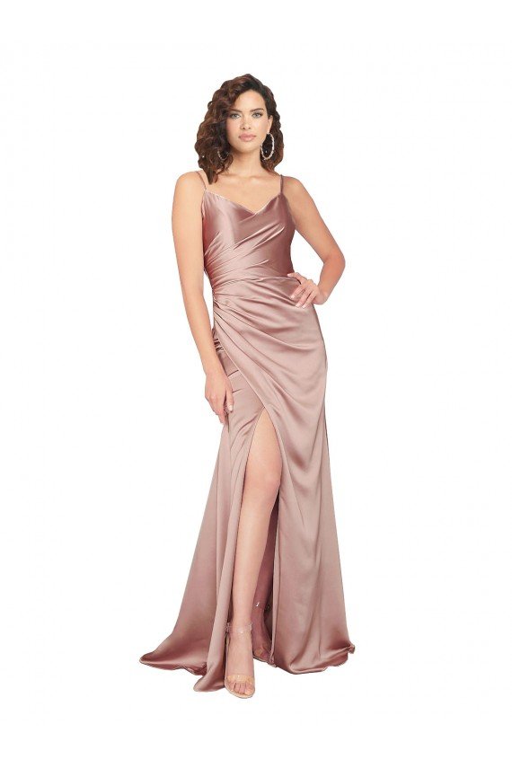 Affordable Floor Length Formal Silky Satin Bridesmaid Dress / Prom Dress with Front Skirt Slit UK