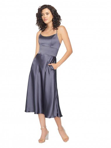 Affordable Midi Cocktail Length Silky Satin Bridesmaid Dress / Prom Dress with Open Tied Back UK