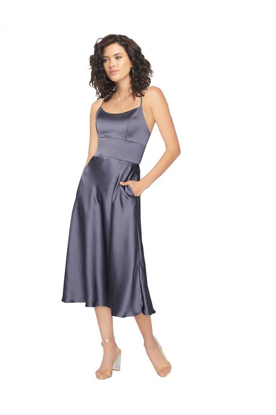 Affordable Midi Cocktail Length Silky Satin Bridesmaid Dress / Prom Dress with Open Tied Back UK