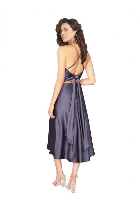 Affordable Midi Cocktail Length Silky Satin Bridesmaid Dress / Prom Dress with Open Tied Back UK