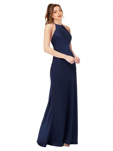 Affordable High Neck Satin Bridesmaid Dress / Prom Dress with Strappy Back UK