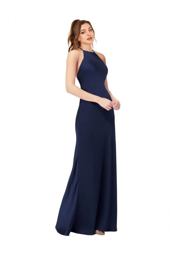 Affordable High Neck Satin Bridesmaid Dress / Prom Dress with Strappy Back UK