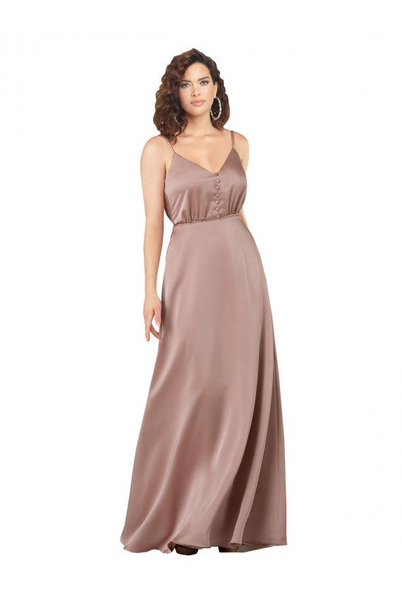 Affordable Subtle V-Neckline Formal Silky Satin Bridesmaid Dress with Front Button Detail UK