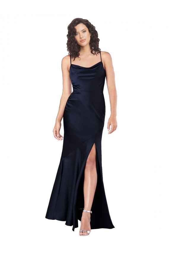 Affordable Draped Cowl Neck Formal Silky Satin Bridesmaid Dress / Prom Dress with Skirt Slit UK