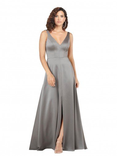 Affordable Plunging V-Neckline Long A-Line Formal Silky Satin Bridesmaid Dress / Prom Dress UK