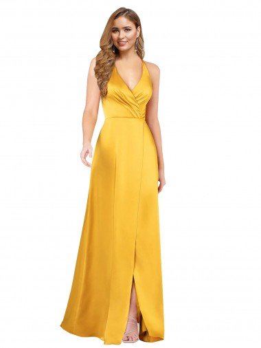 Affordable Halter A-Line Formal Silky Satin Bridesmaid Dress / Prom Dress with V-Neckline and Slit UK