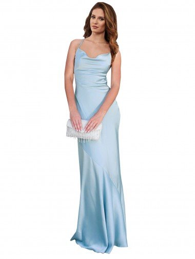 Affordable Open Back with Ties Cowl Neck Sheath Formal Silky Satin Long Bridessmaid Dress UK