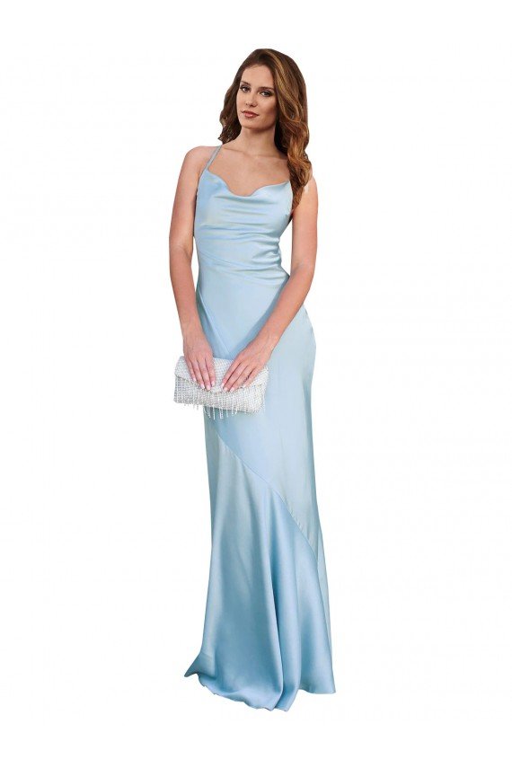 Affordable Open Back with Ties Cowl Neck Sheath Formal Silky Satin Long Bridessmaid Dress UK