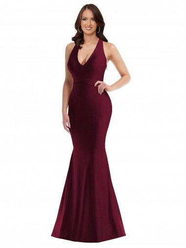 Affordable Plunge Neckline Cutout Low Back Formal Silky Satin Mermaid Bridesmaid Dress / Prom Dress UK