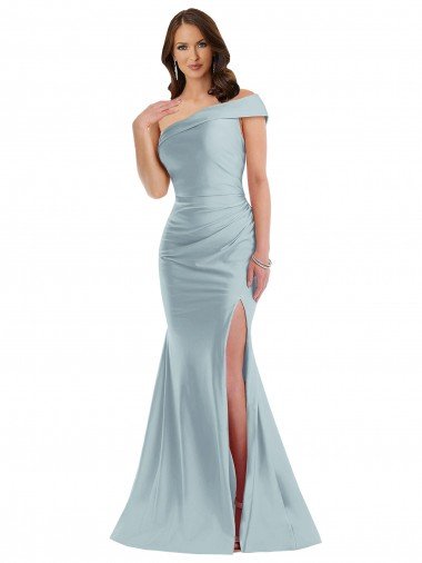 Affordable Bias-Cuff One Shoulder Formal Silky Satin Mermaid Bridesmaid Dress / Prom Dress with Side Slit UK