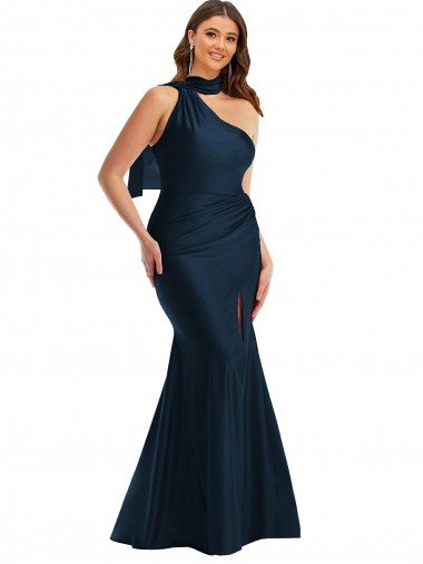 Affordable Scarf Neck One Shoulder Formal Silky Satin Mermaid Bridesmaid Dress / Prom Dress with Front Slit UK