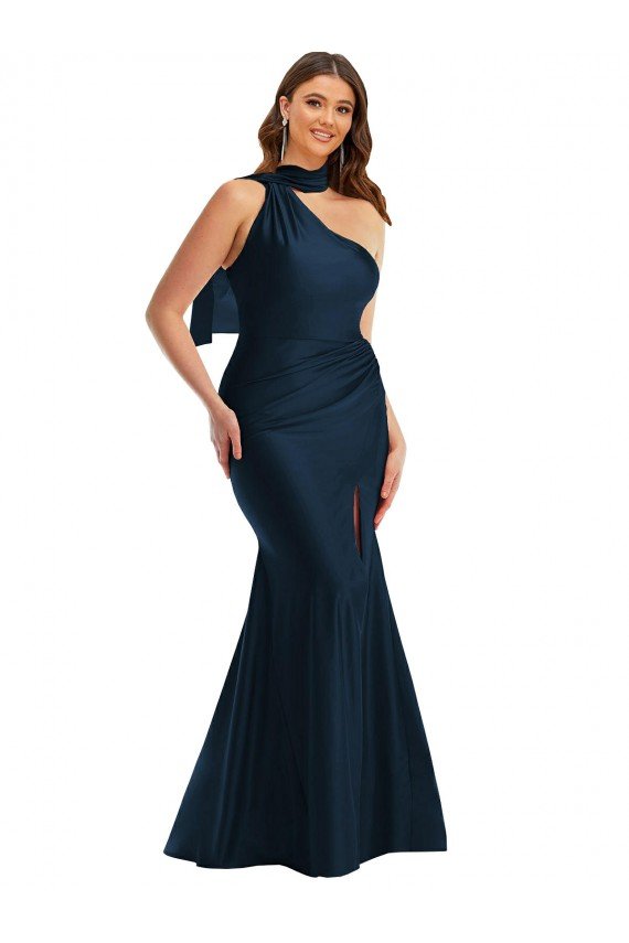 Affordable Scarf Neck One Shoulder Formal Silky Satin Mermaid Bridesmaid Dress / Prom Dress with Front Slit UK