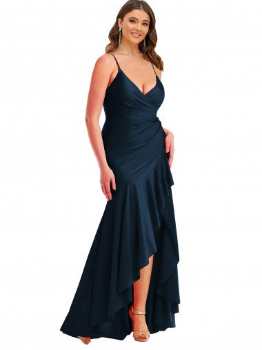 Affordable Pleated Wrap Ruffled High Low Formal Silky Satin Bridesmaid Dress / Prom Dress UK