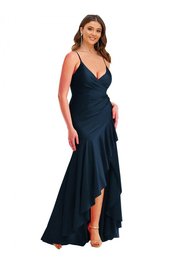 Affordable Pleated Wrap Ruffled High Low Formal Silky Satin Bridesmaid Dress / Prom Dress UK