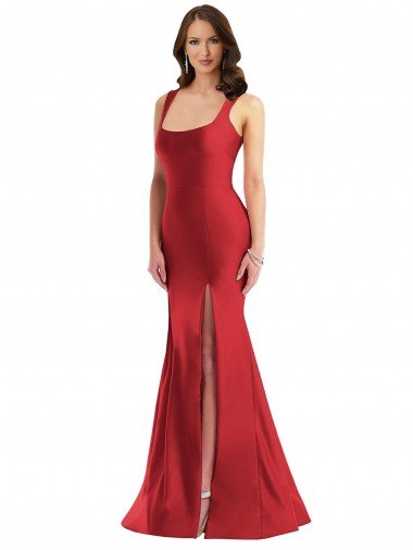 Affordable Square Neck Formal Silky Satin Mermaid Bridesmaid Dress / Prom Dress with Side Slit UK