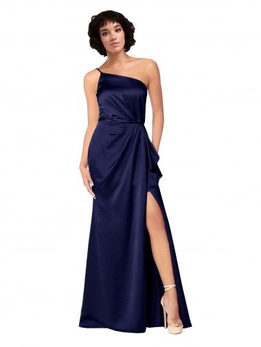 Affordable One Shoulder Formal Silky Satin Bridesmaid Dress / Prom Dress with Skirt Slit UK