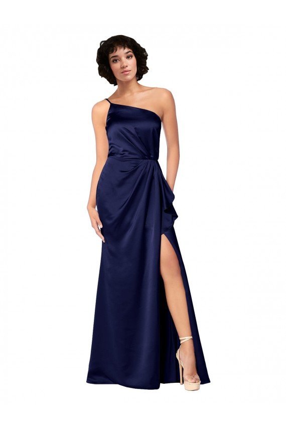 Affordable One Shoulder Formal Silky Satin Bridesmaid Dress / Prom Dress with Skirt Slit UK