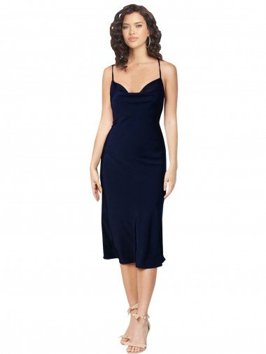 Affordable Short Cocktail Midi Length Formal Silky Satin Bridesmaid Dress / Prom Dress with Cowl Neck and Cross Back Straps UK