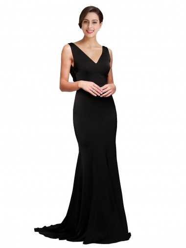 Affordable V-Neck Full Length Formal Silky Satin Bridesmaid Dress / Prom Dress with Soft Cowl Neck and Sweep Train UK