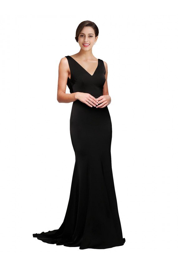 Affordable V-Neck Full Length Formal Silky Satin Bridesmaid Dress / Prom Dress with Soft Cowl Neck and Sweep Train UK