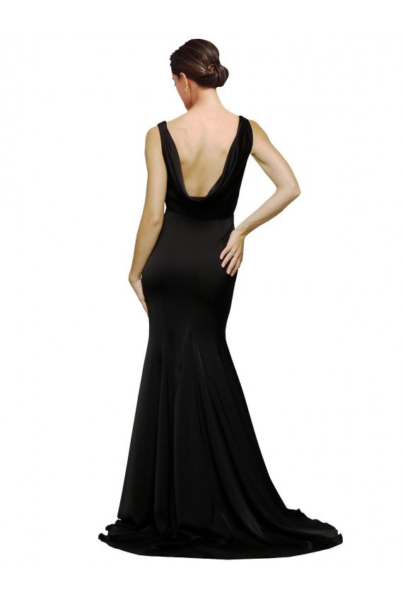 Affordable V-Neck Full Length Formal Silky Satin Bridesmaid Dress / Prom Dress with Soft Cowl Neck and Sweep Train UK