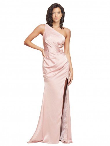 Affordable Full Length Ruched Formal Silky Satin Bridesmaid Dress / Prom Dress with Low Back and High Split UK