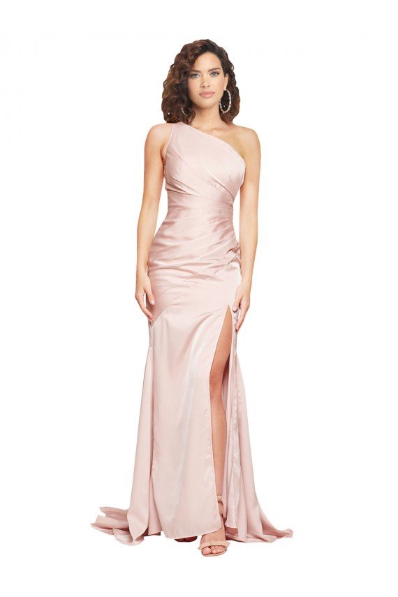 Affordable Full Length One Shoulder Long Formal Silky Satin Bridesmaid Dress / Prom Dress with High Split UK