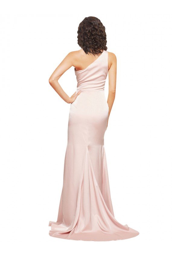 Affordable Full Length One Shoulder Long Formal Silky Satin Bridesmaid Dress / Prom Dress with High Split UK