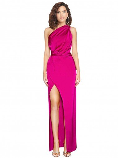 Affordable One Shoulder Long Full Length Formal Silky Satin Bridesmaid Dress / Prom Dress with Front Side Split UK