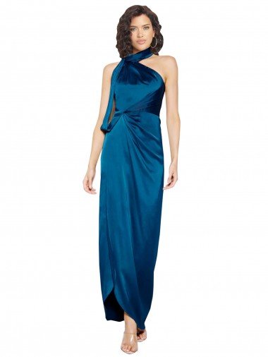 Affordable High Halter Neck Formal Silky Satin Bridesmaid Dress / Prom Dress with Sash Overlay and Side Split UK