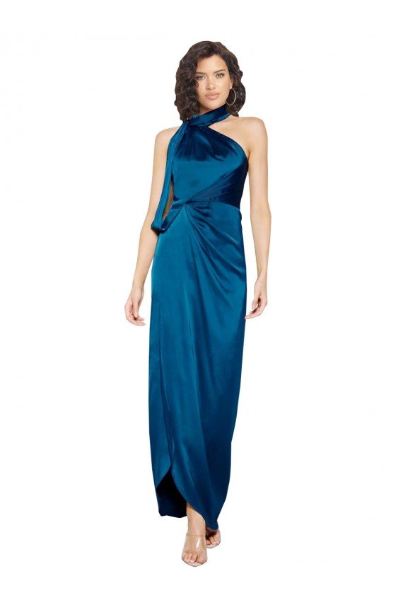 Affordable High Halter Neck Formal Silky Satin Bridesmaid Dress / Prom Dress with Sash Overlay and Side Split UK