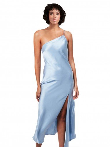 Affordable Midi Length Short Formal Silky Satin Bridesmaid Dress / Cocktail Prom Dress with Asymmetric Neckline and High Side Split UK