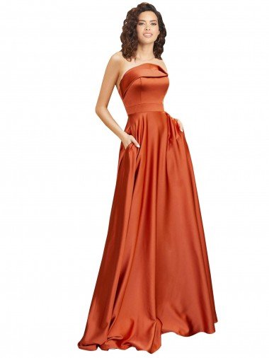 Affordable Strapless Sweep Train Formal Silky Satin Bridesmaid Dress / Prom Dress with Pleats UK