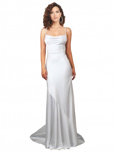 Affordable Simple Lace Up Back Cowl Neck Long Sweep Train Silky Satin Beach Wedding Dress UK