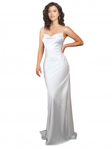 Affordable Simple Sweep Train Low Back Tie Cowl Neck Long Silky Satin Beach Wedding Dress UK