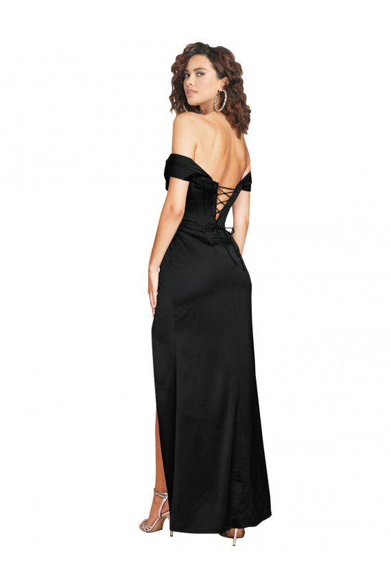 Affordable Fitted Sweetheart Neckline Formal Silky Satin Bridesmaid Dress / Prom Dress with Off the Shoulder Sleeves and High Slit UK