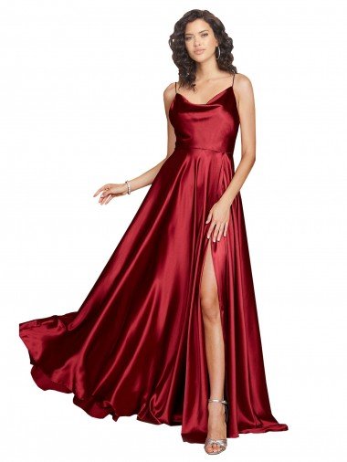 Affordable Cowl Neckline Long Formal Silky Satin Bridesmaid Dress / Prom Dress with Spaghetti Straps UK