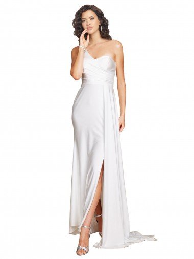 Affordable One Shoulder Floor Length Silky Satin Wedding Dress with Side Slit UK