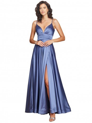 Affordable Deep V-Neck Sweetheart Long Formal Silky Satin Bridesmaid Dress / Prom Dress with Thigh High Slit UK