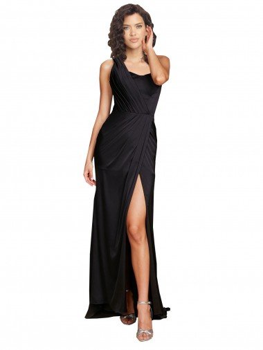 Affordable Full Length One Shoulder Ruffled Long Formal Silky Satin Bridesmaid Dress / Prom Dress with High Slit UK