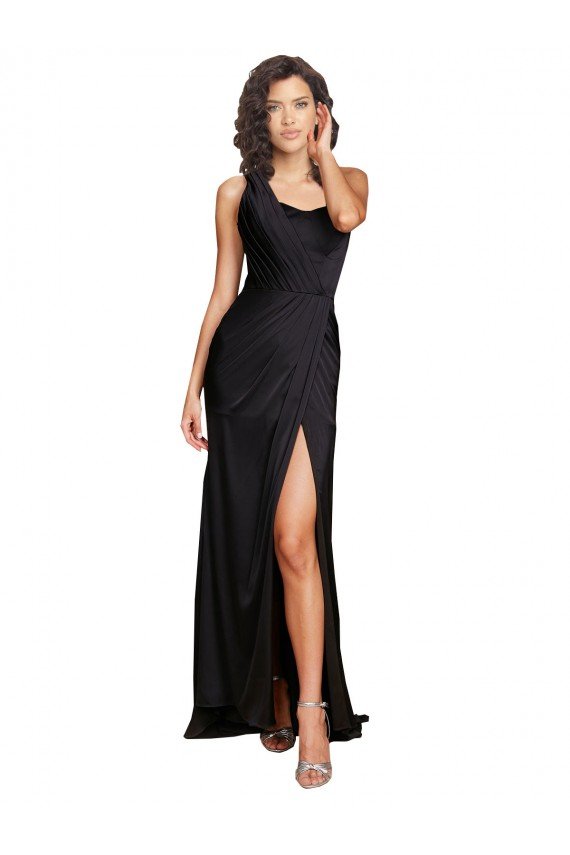 Affordable Full Length One Shoulder Ruffled Long Formal Silky Satin Bridesmaid Dress / Prom Dress with High Slit UK