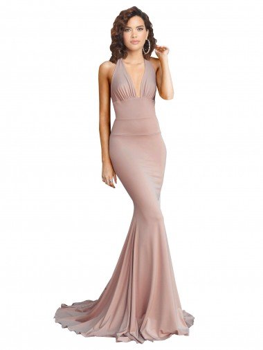 Affordable Deep V-Neck Mermaid Low Back Long Formal Spandex Bridesmaid Dress / Prom Dress UK